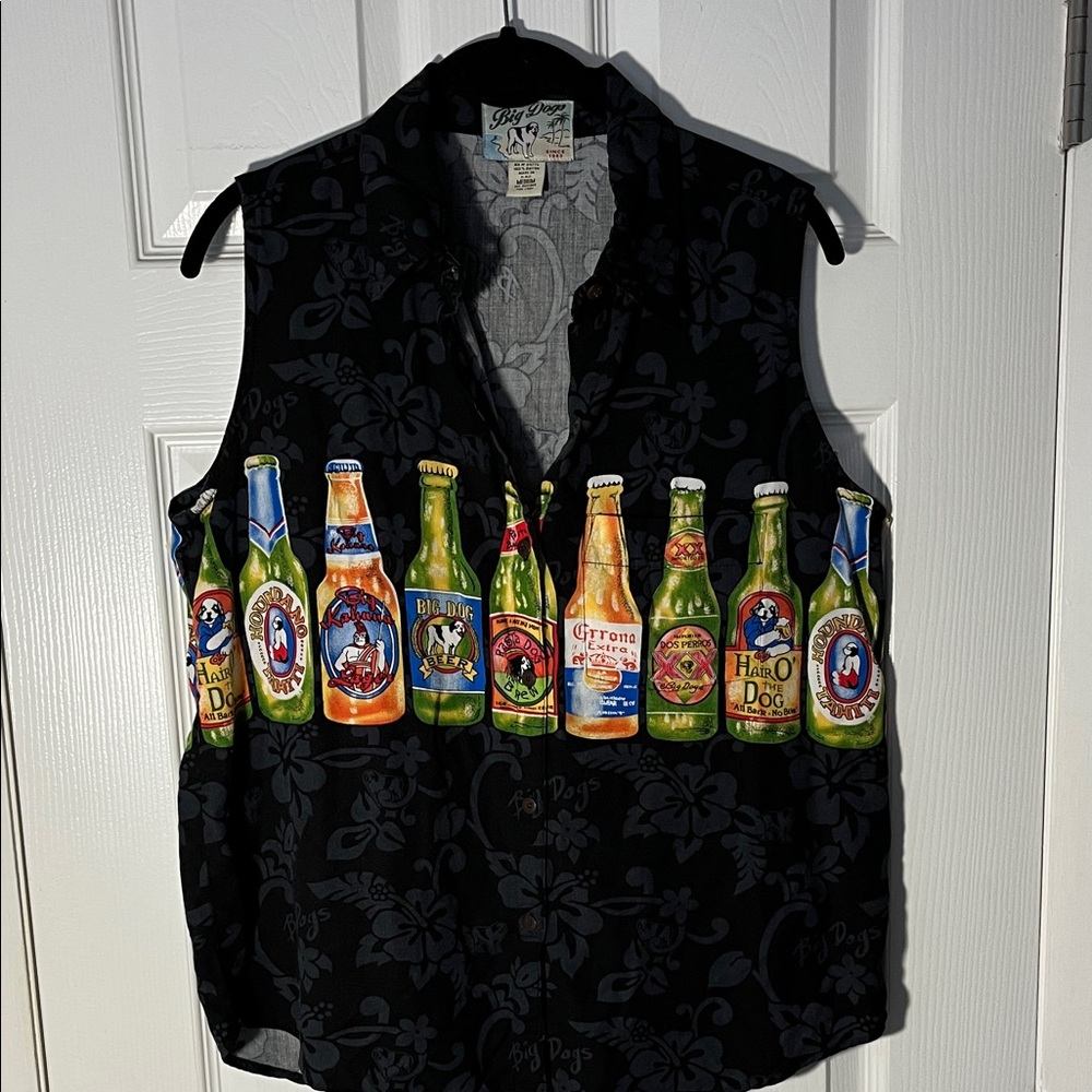 Big Dogs VTG sleeveless button up shirt black floral beer bottles